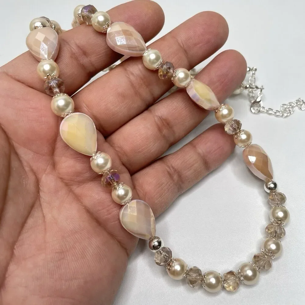 Artisan Blush Beige Pear Cut Glass Beaded Faux Pearl Necklace Earrings Set